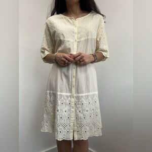 Ivory Cream Eyelet Embroidered Button Front Dress Boho Cottage 100% Cotton M